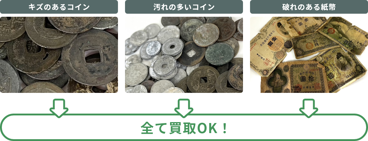 古銭宅配買取専門家宝：キズのあるコイン、汚れの多いコイン、破れのある紙幣、 全て買取OK！